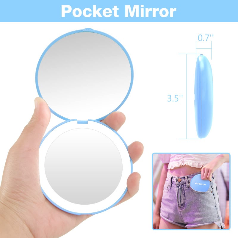 wobsion Travel Makeup Mirror with Light  1x/10x Compact Magnifying Mirror Handheld 2-Sided Pocket Mirror Led Small Mirror for Purse 3.5in Hand Mirror Travel Size Mirror for Handbag Gift Blue - Image 3